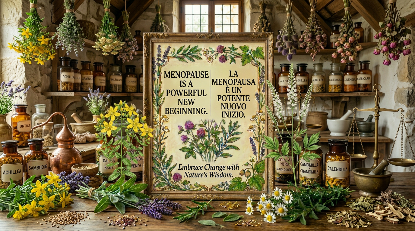 Sign saying 'Menopause is not an end but a powerful new beginning' with herbs and labeled jars around it